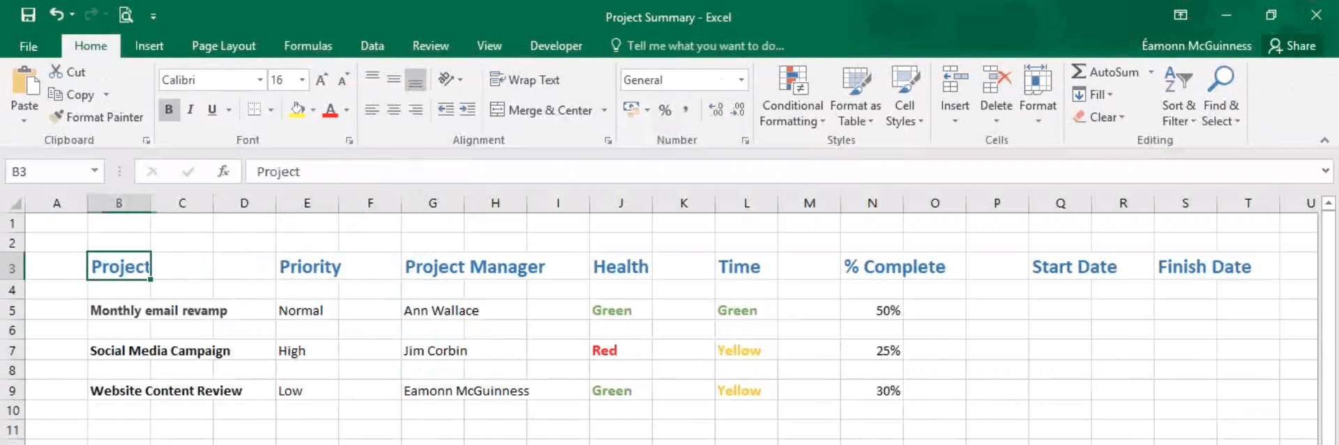 Manage projects with Excel