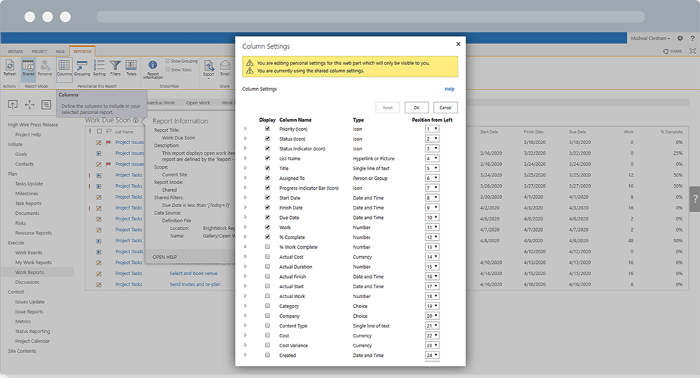 BrightWork Reporter - Column Settings