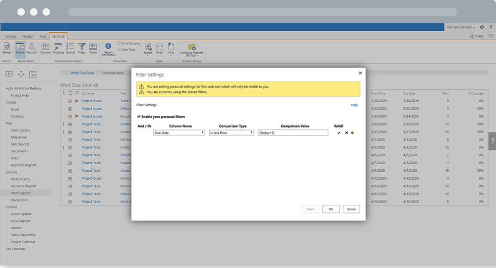 BrightWork Reporter - Filter Settings