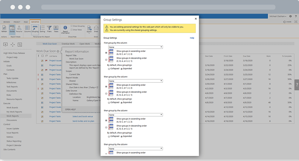 BrightWork Reporter - Grouping Settings