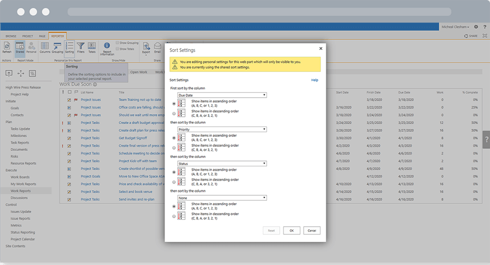 BrightWork Reporter - Sort Settings