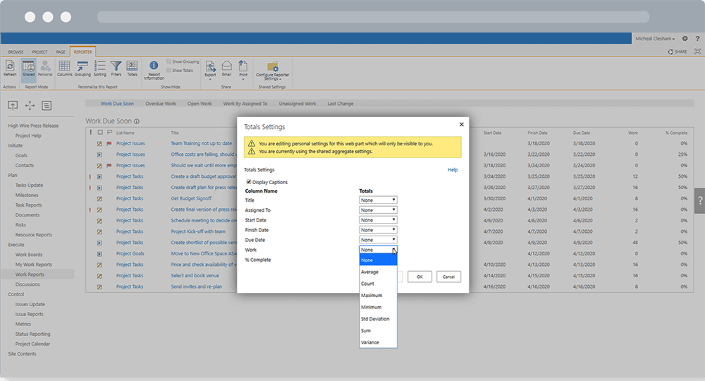 BrightWork Reporter - Totals Settings