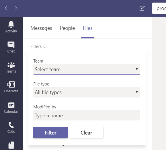 File filter options Microsoft Teams 
