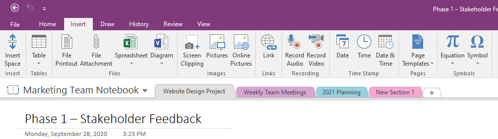 OneNote Insert Tab