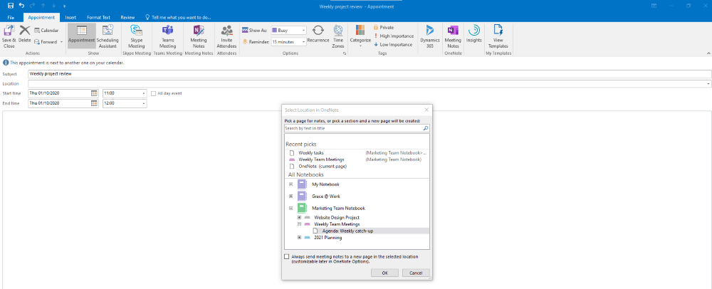 OneNote Send Meeting to Outlook