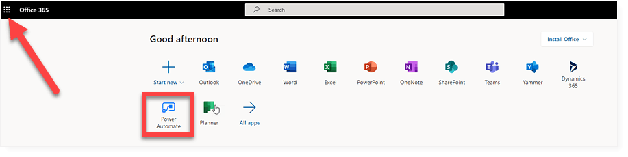 Power Automate Office 365 Menu