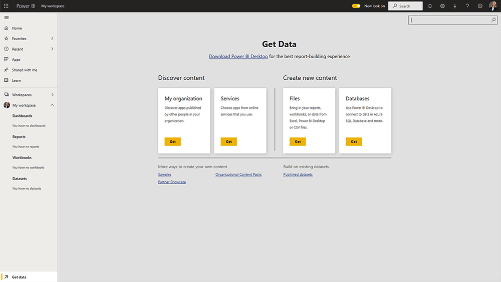 Power BI Service Get Data Options