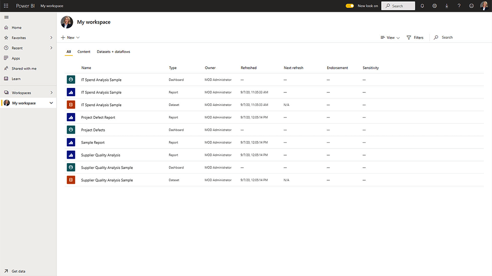 Power BI Service My Workspace