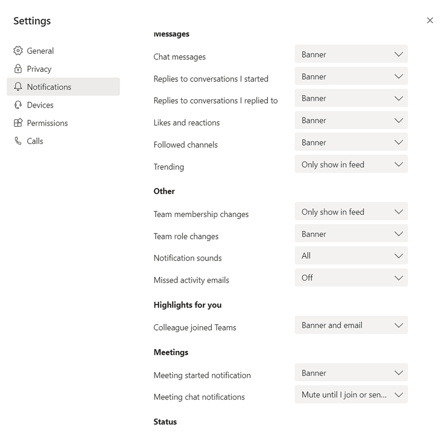 Teams Notifications settings