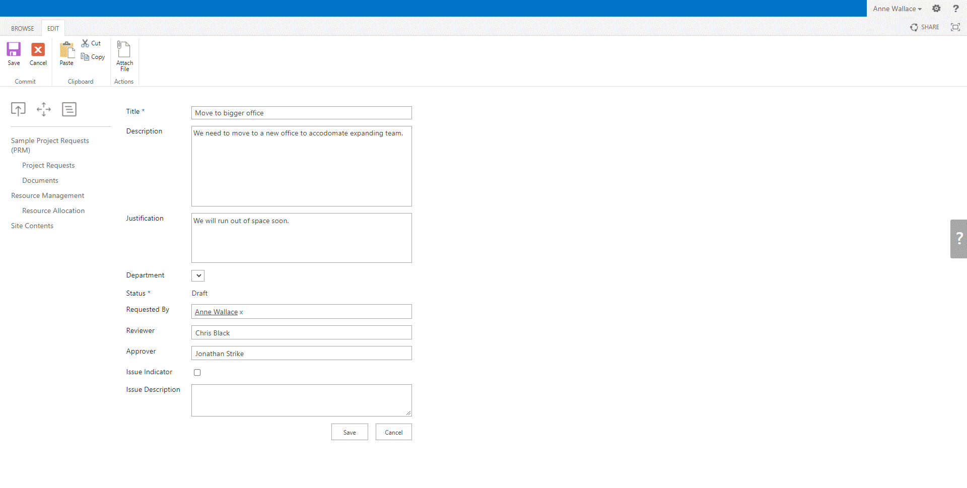 Log project request - Draft SharePoint